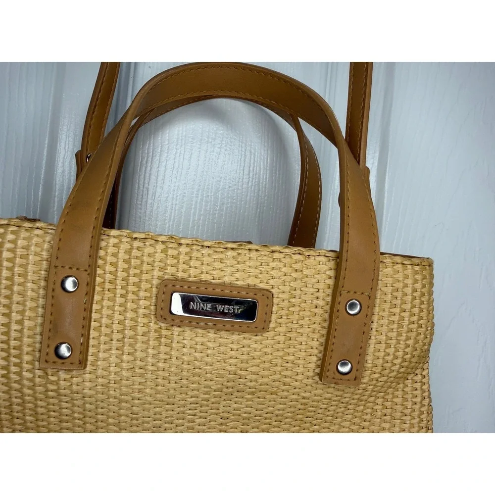 Nine West Straw Woven Tote‎ Handbag Crossbody Bag Tan Leather Trim